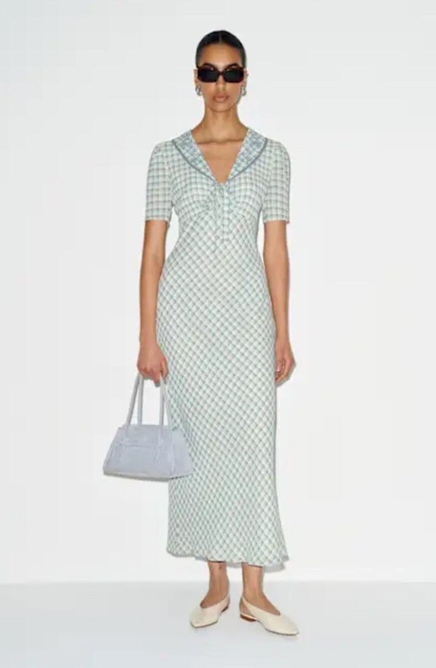 Reformation Hiroka Blue Ivory Check Viscose Midi Dress Size 6